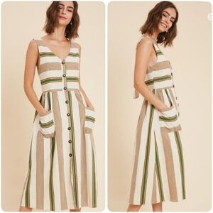 Zara Striped Rustic Dress Linen Button Front Pockets Self-tie Open Back- L/12